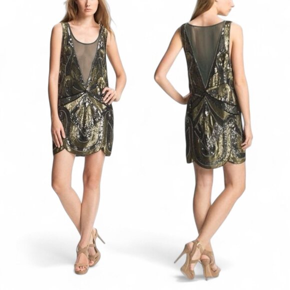 Haute Hippie Silk S Plunge Neck Sequin Mini Dress Metallic‎ Art Deco Gatsby Glam
